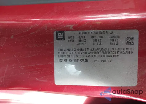 2016 Chevrolet Camaro 1Lt из США, поврежденный, VIN 1G1FB1RX9G0162545